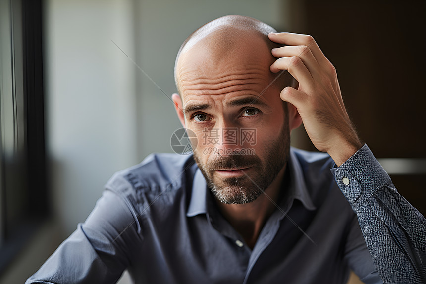 一个秃顶男子整理头发图片