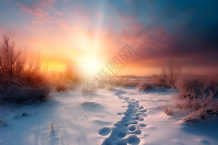 夕阳下的雪地路径图片