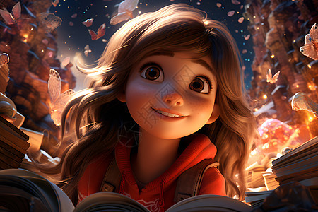 少女在童话世界中的阅读冒险图片