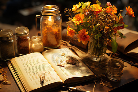 桌子上的书籍和花瓶图片