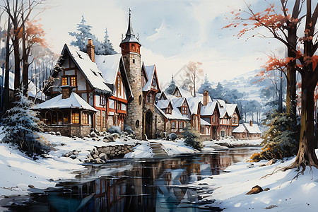 冬日积雪的小镇河流图片