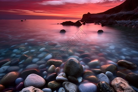 夕阳下的岩石海滩图片