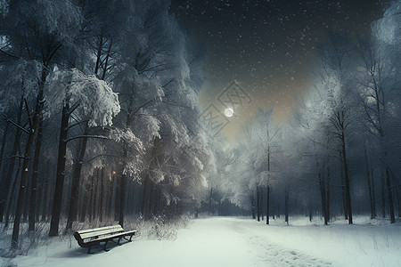 雪夜林间的长椅图片