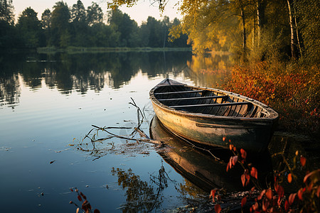 湖面上的小舟图片