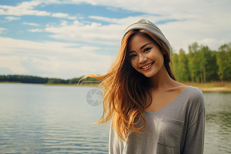 湖边微笑的美女背景图片