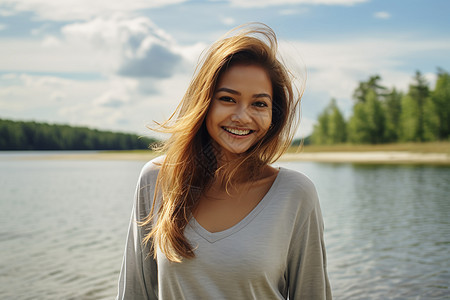 湖边微笑的女孩图片
