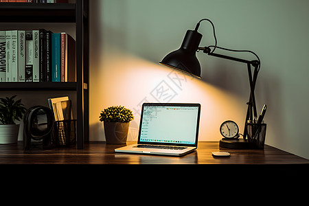 书房办公桌桌面上的台灯和电脑背景
