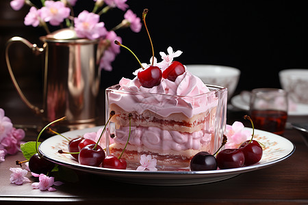 盘子中美味的樱桃蛋糕图片