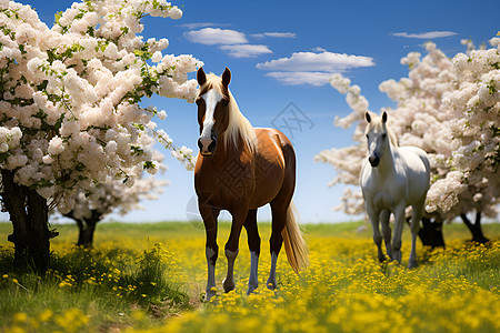 樱花树下的两匹马图片