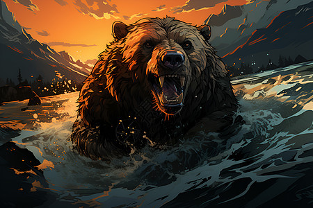 河流中凶猛的棕熊图片