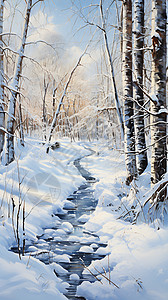 冬天林间小溪背景图片