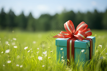 草地上扎着红丝带的礼物盒背景图片