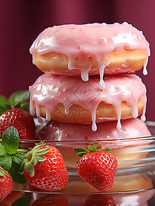 美味诱人的草莓糖霜甜甜圈图片