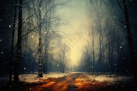 夜幕下积雪树林里的道路图片