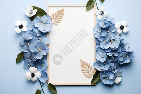 蓝色花朵围绕的相框图片