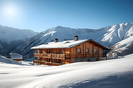 白雪皑皑中的山间小屋高清图片