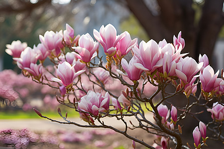 春日花园中粉色花朵图片