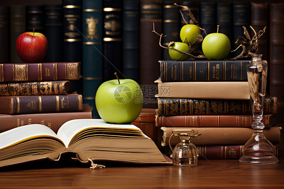 桌子上的书和苹果图片