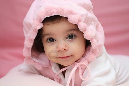 可爱的女宝宝戴着粉色帽子图片