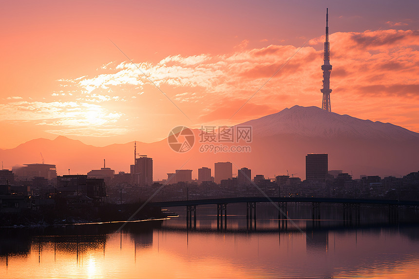 夕阳余晖下的城市风光图片