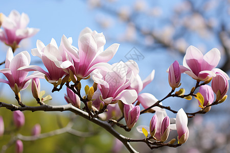 春季花园中绽放的木兰花花朵背景图片