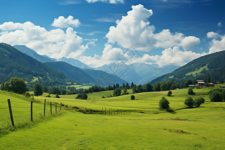 夏季服装蓝天白云下的山谷草原景观背景