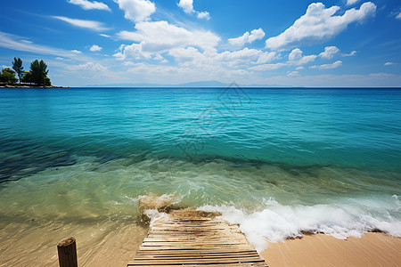 碧海蓝天的沙滩木栈道图片