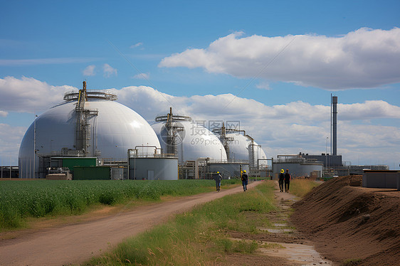 农田旁的生物气体生产设施图片