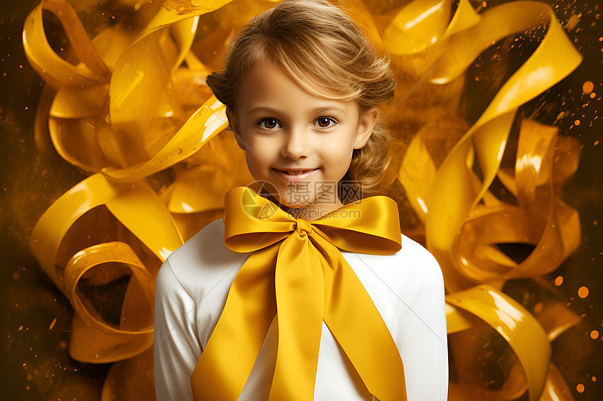 小女孩戴着黄色蝴蝶结图片