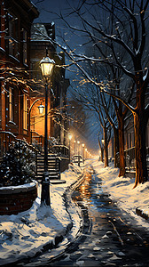 夜晚的雪地街灯图片