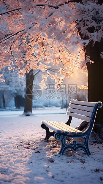 寂静冬日雪覆着公园长椅图片
