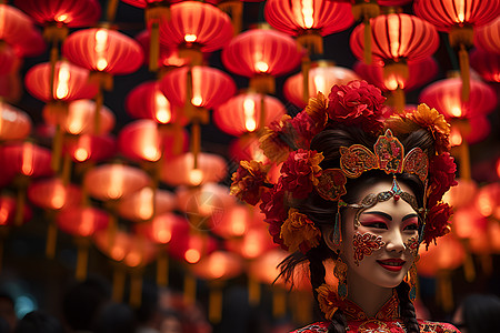 红色背景图女子身着传统服装头发上插满红花背景