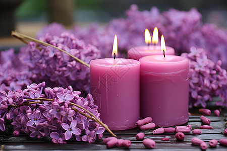 香薰烛光与紫色花朵图片