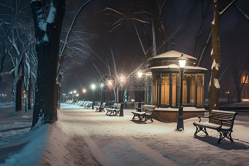 寒夜中的雪景公园图片