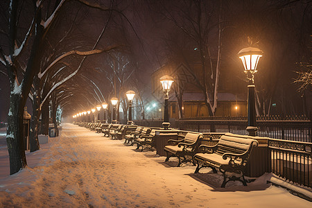 雪夜灯光下的一排长椅图片