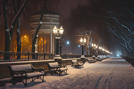 雪景冬夜冬夜雪景寒冷中的公园背景