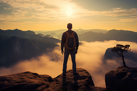 山顶看日出的男人背景图片
