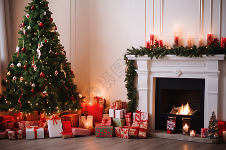 圣诞树灯光圣诞树和壁炉背景