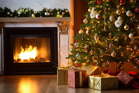 家中壁炉前的圣诞树图片