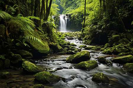 森林苔藓流淌的小溪背景