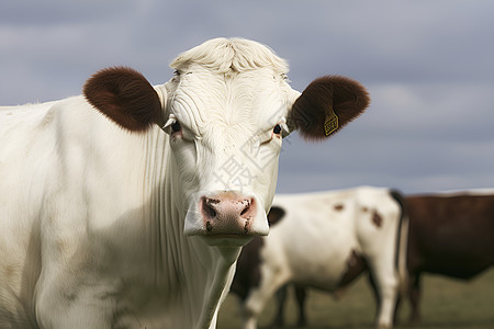 乡村牧场里一头白色奶牛背景图片