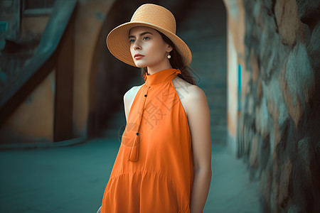女士连衣裙橙色连衣裙的女子背景