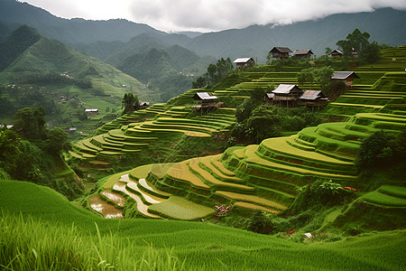 龙脊梯田山谷和村庄的远景背景