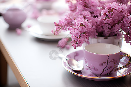 餐桌上的鲜花和咖啡杯图片
