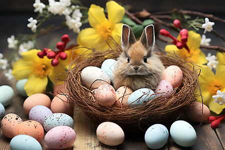 巢穴中的兔子和彩蛋背景图片
