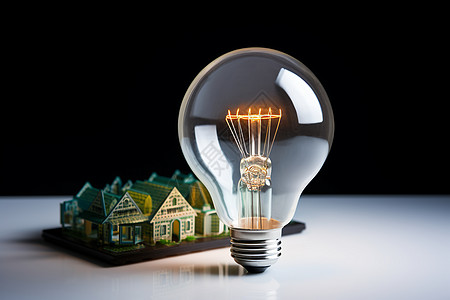 电力电器房子模型前的灯泡插画