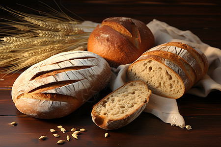木桌上摆满面包和小麦背景图片