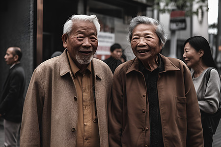 街道上微笑的老年夫妻图片