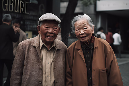 老年夫妻站在城市街头图片