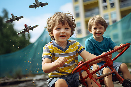 儿童游乐游乐园里一起开飞机的小男孩背景